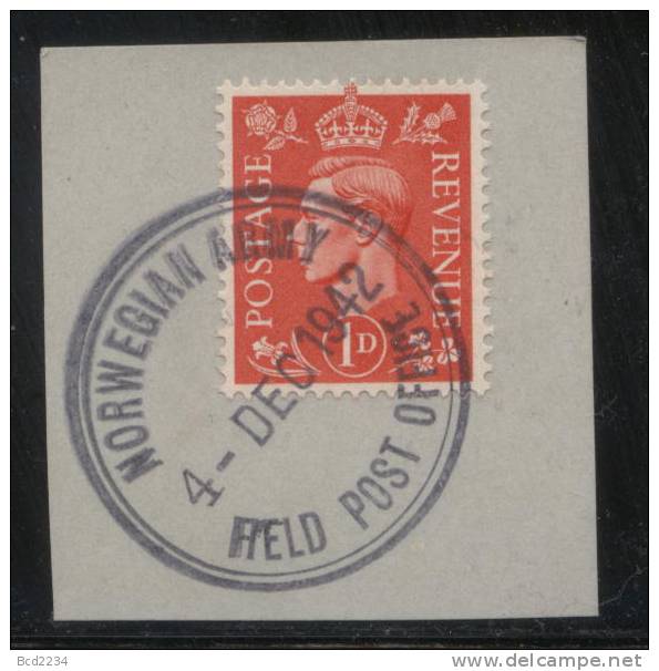 NORWAY 1942 WW2 FIELD POST NORSK FELTPOST ARMY CORPS FORCES IN EXILE GB STAMP ON PIECE TYPE 2 LARGE CANCEL World War II - Fantasy Labels