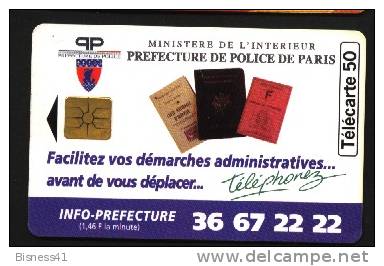 Télécarte 50u Utilisée Luxe     Prefecture De Police       F587   Du 09/ 1995 - 600 Agences