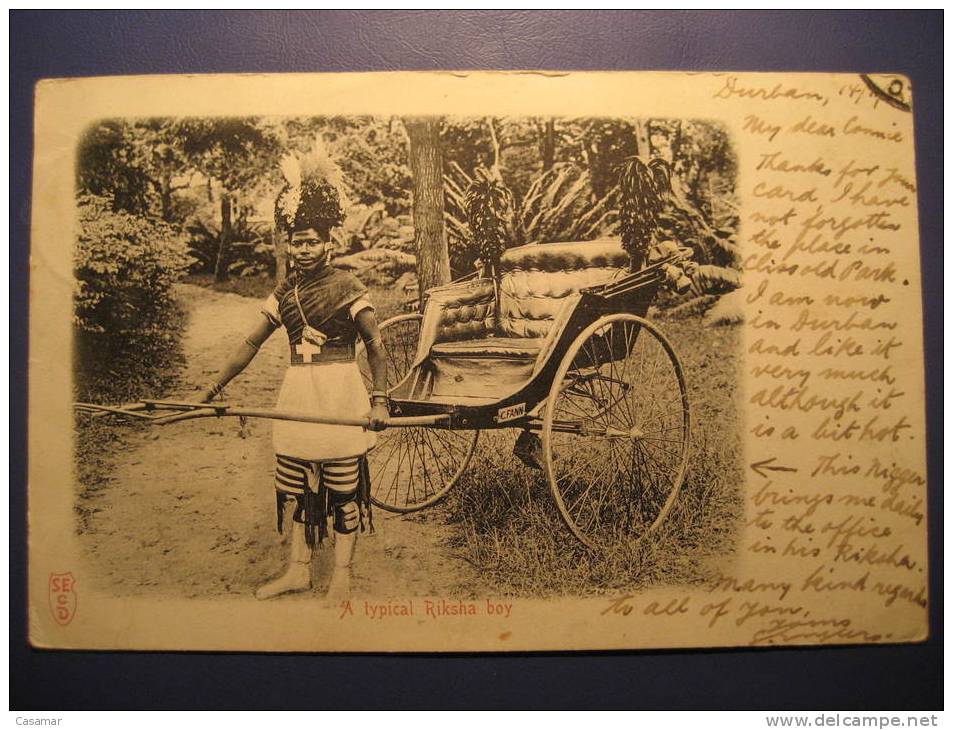 NATAL Durban To London GB UK England Stamp On Riksha Boy Cycling Cycle Post Card SOUTH AFRICA - Natal (1857-1909)