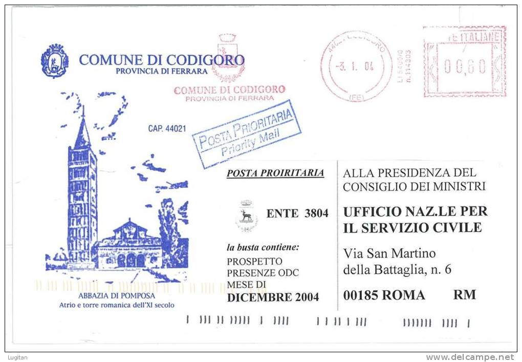 CODIGORO CAP 44021 - FERRARA  - ANNO 2004  FE - AMR - EMILIA ROMAGNA  -TEMATICA COMUNI D'ITALIA - STORIA POSTALE - Macchine Per Obliterare (EMA)