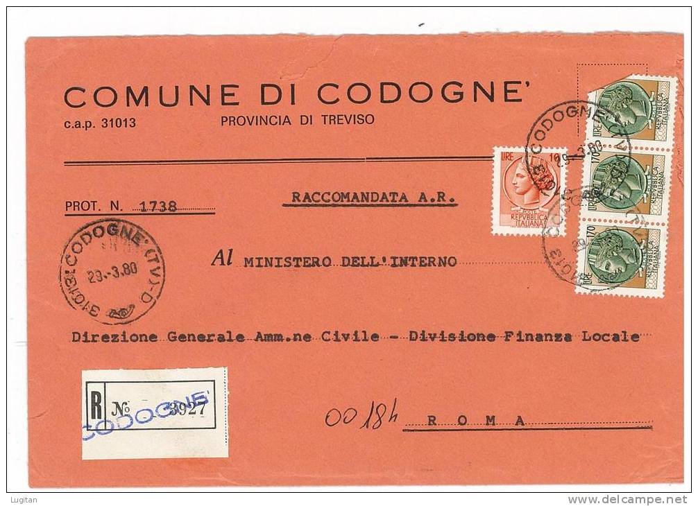 CODOGNE' CAP 31013 - TREVISO  - ANNO 1980  TV - R - VENETO  -TEMATICA COMUNI D'ITALIA - STORIA POSTALE - Macchine Per Obliterare (EMA)