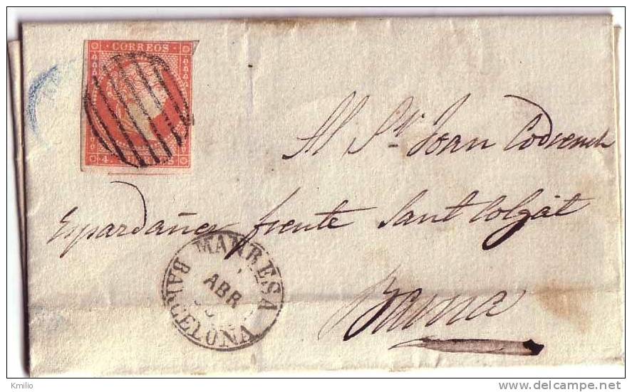 1858, Abril, Carta Sencilla De Manresa A Barcelona, Fechador De 1854 Y Llegada Al Dorso - Covers & Documents