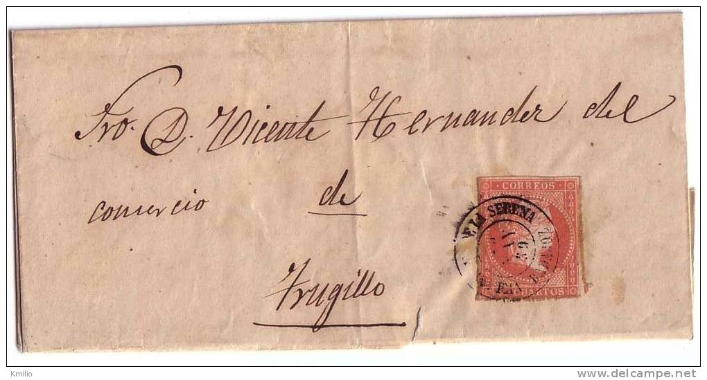 1859, Mayo, Carta Sencilla De Villanueva De La Serena (Badajoz) A Trujillo, Al Dorso Llegada - Lettres & Documents