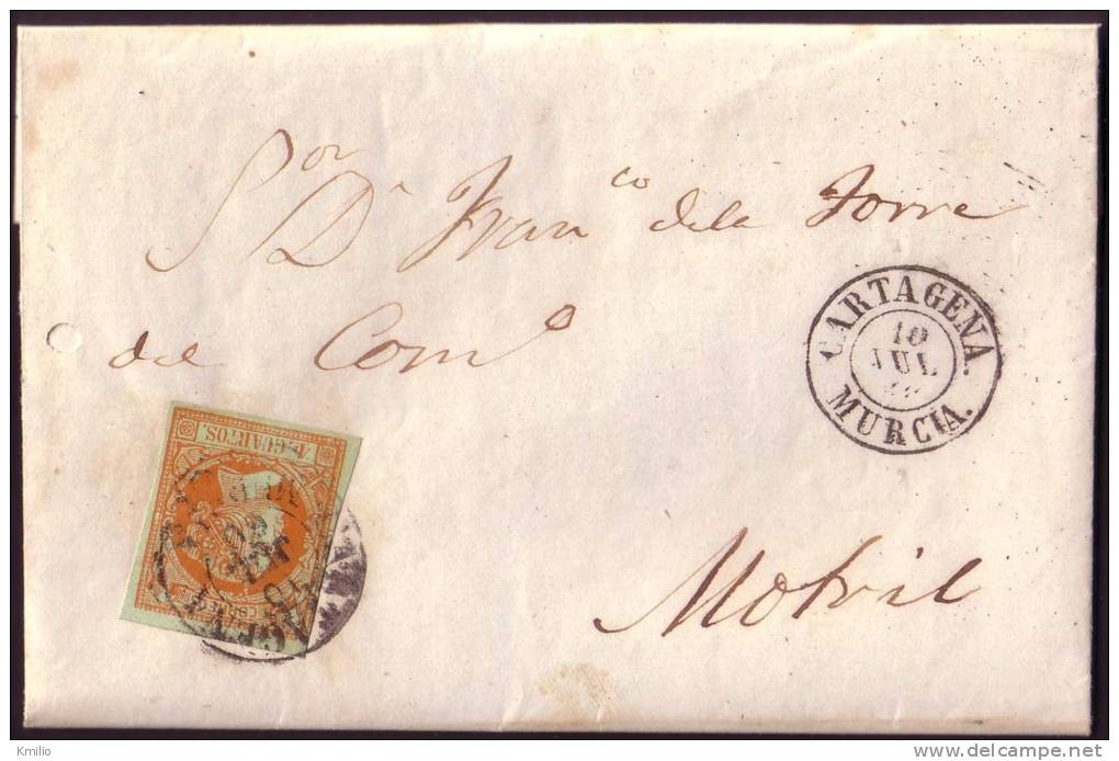 1860, 10 De Julio, Carta Sencilla De Cartagena A Motril Con Fechadores De 1854 Y 1857, Ed 52 - Lettres & Documents