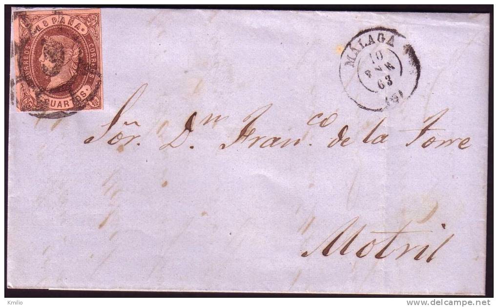 1863, 10 De Enero, Carta Sencilla De Málaga A Motril Cancelada Con Rueda De Carreta 6, Ed 58 - Covers & Documents