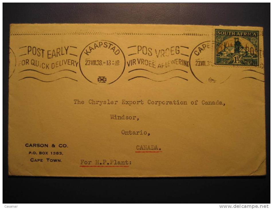 UNION OF SOUTH AFRICA Kaapstad 1938 To Ontario Canada Stamp On Cover - Lettres & Documents