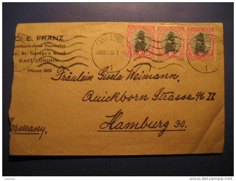 UNION OF SOUTH AFRICA East London 1932 To Hamburg Germany 3 Stamp On Cover - Covers & Documents