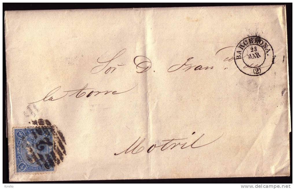 1865, 23 De Marzo, Carta Sencilla De Barcelona A Motril Cancelada Con Parrilla De Cifra Muy Bien Estampada, Llegada - Covers & Documents