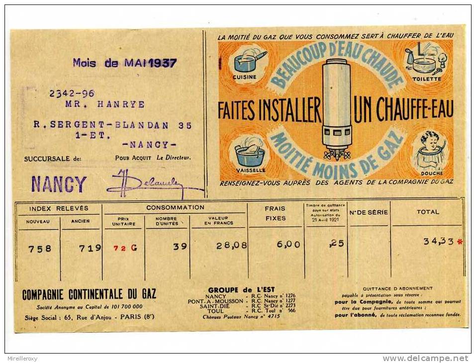 FACTURE / COMPAGNIE DU GAZ / 1937 ILLUSTRATION CHAUFFE EAU - Elettricità & Gas
