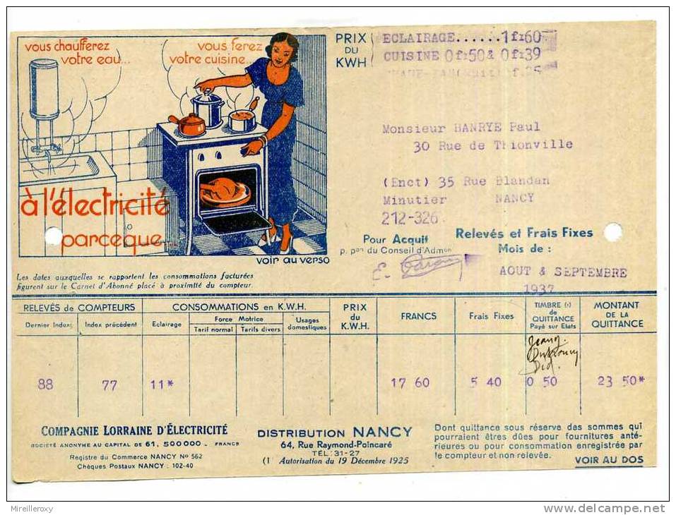 FACTURE / COMPAGNIE D ELECTRICITE  / 1937  / ILLUSTRATION CUISINIERE / APPAREILS ELECTRO DOMESTIQUES - Elettricità & Gas