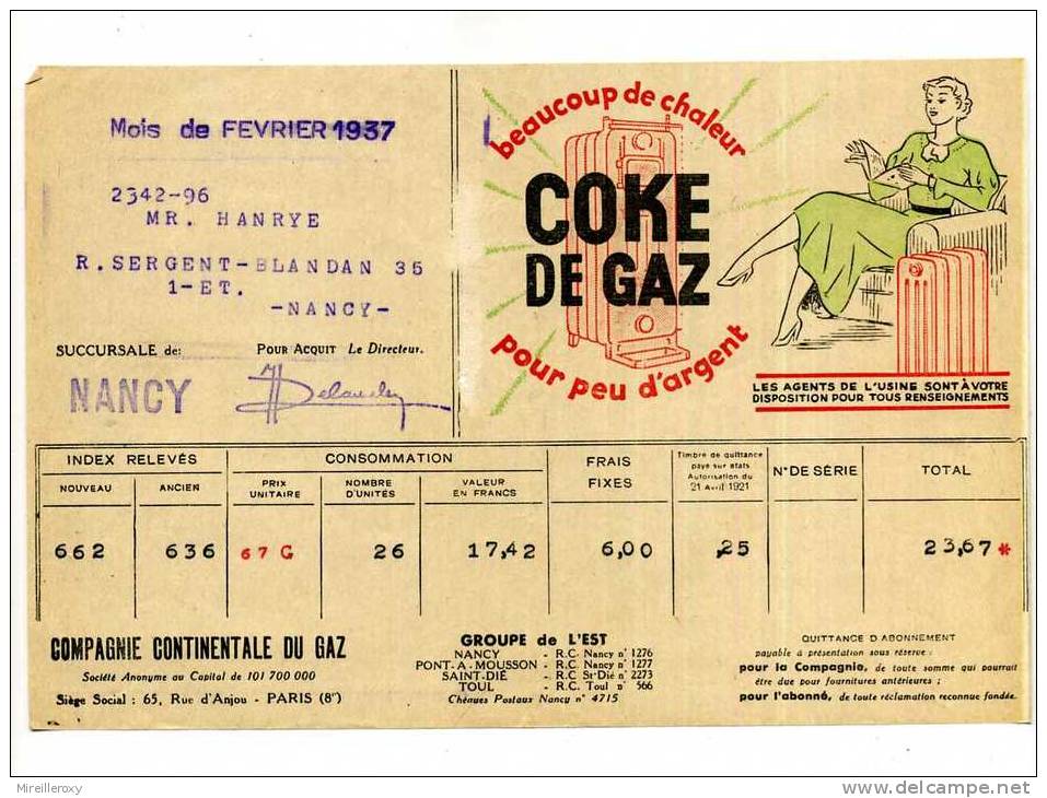 FACTURE / COMPAGNIE DU GAZ  / 1937  / ILLUSTRATION CHAUFFAGE / COKE DE GAZ - Elektriciteit En Gas