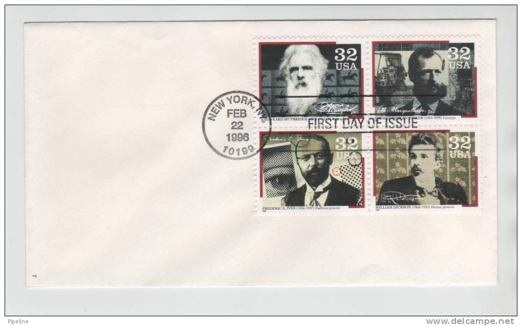 USA FDC New York 22-2-1996 Plate Block Of 4 Scientists - 1991-2000