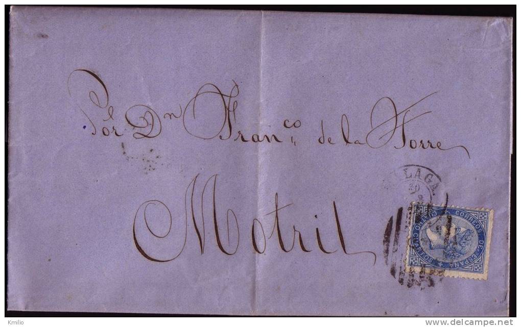 1867, 30 De Enero, Carta Sencilla De Málaga A Motril Cancelada Con Parrilla De Cifras. Ed 88, Llegada Al Dorso - Cartas & Documentos