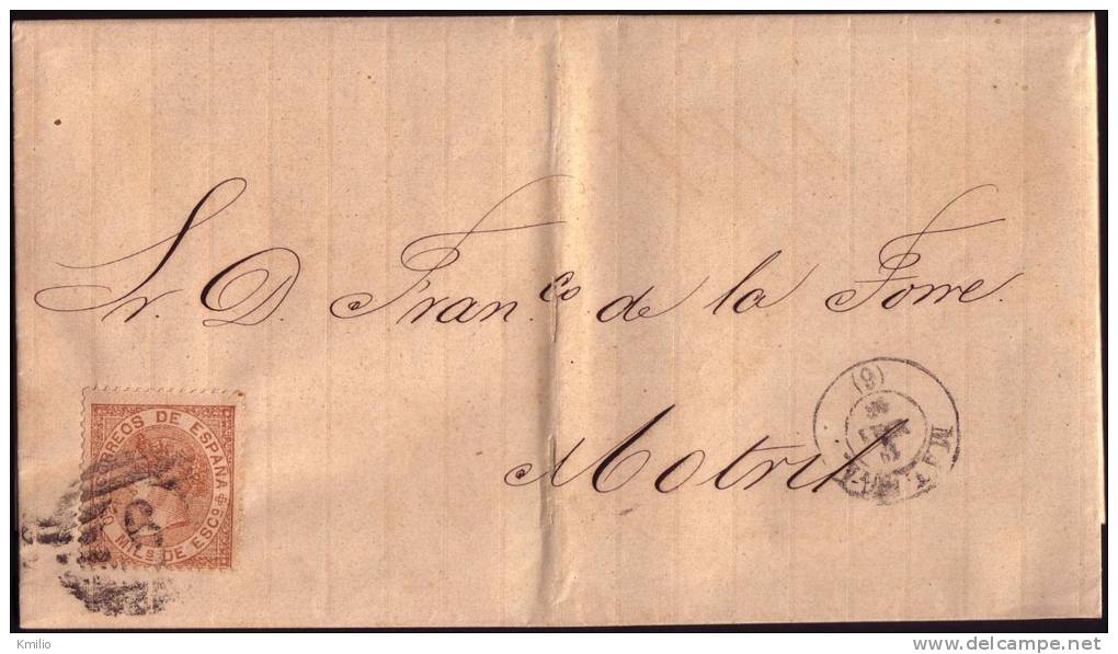 1868, 19 De Mayo, Carta Sencilla De Málaga A Motril Cancelada Con Parrilla De Cifras. Ed 96, Llegada Al Dorso - Covers & Documents