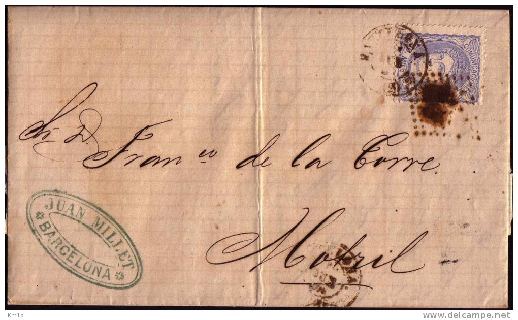 1871, 23 De Junio, Carta Sencilla De Barcelona A Motril, Cancelada Con Rombo De Puntos Y Fechador. Ed 107 - Covers & Documents