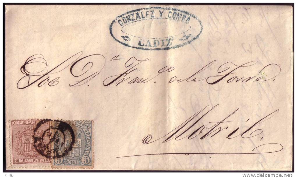 1875, 7 De Febrero, Carta Sencilla De Cádiz A Motril Cancelada Con Fechador De 1871. Ed. 153,154 - Covers & Documents