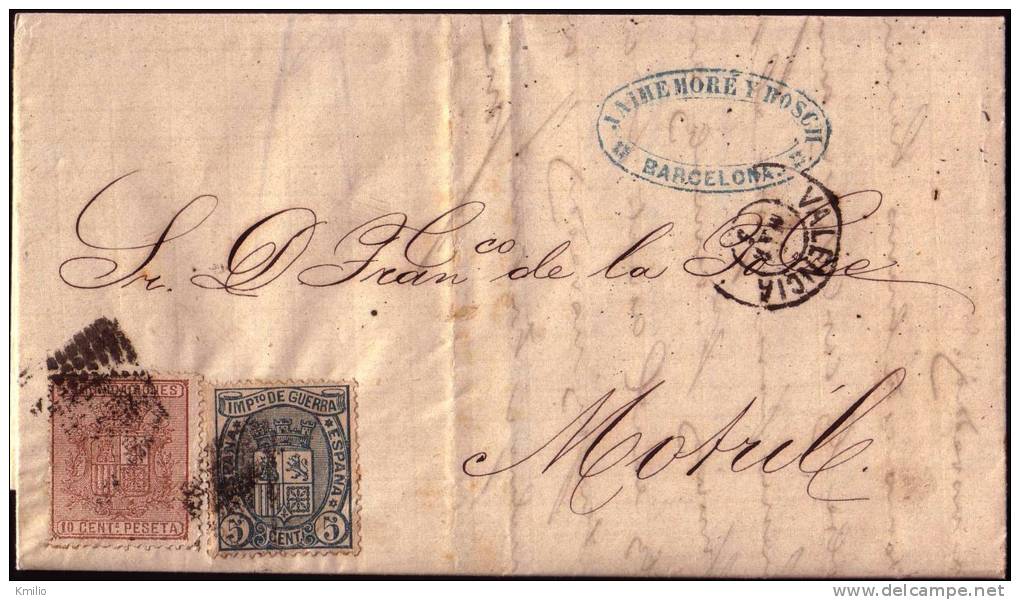 1875, 27 De Febrero, Carta De Barcelona A Motril Cancelada Con Rombo De Puntos Y Fechador Tipo 1871 De Valencia - Storia Postale