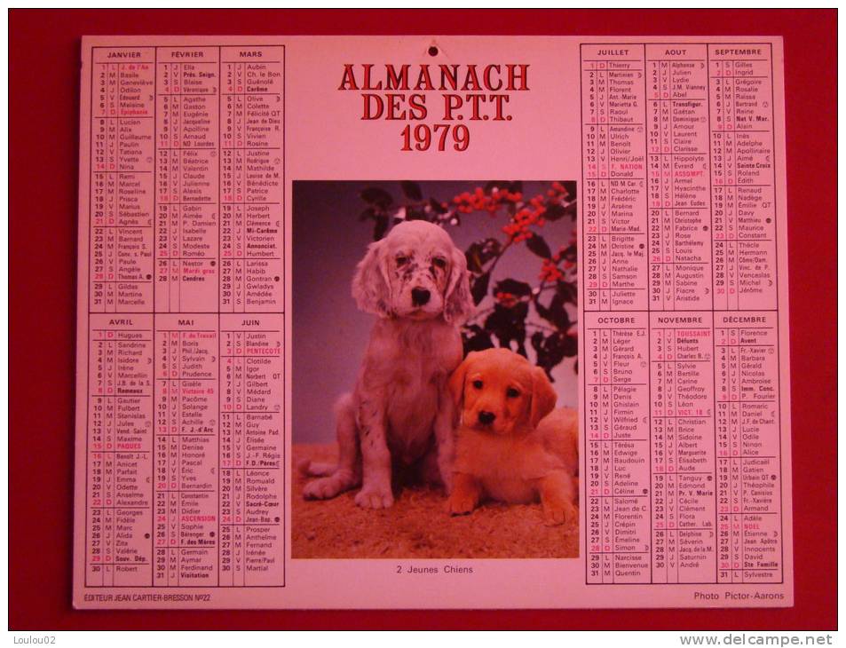 Calendrier ALMANACH PTT FACTEUR - LA POSTE - 1979 - Chiens & Chats - JC BRESSON - Région Parisienne - Très Bon état - Petit Format : 1971-80