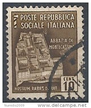 1944-45 REPUBBLICA SOCIALE USATO MONUMENTI DISTRUTTI 10 CENT - RR9771 - Afgestempeld