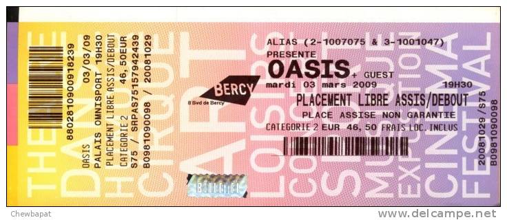 Ticket Concert Oasis Palais Omnisport De Bercy - 03 Mars 2009 - N° B0981090098 - Tickets De Concerts