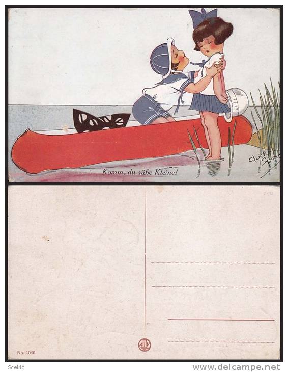 ARTIST SPARK CHICKY LITTLE BOY GIRL KISSING OLD POSTCARD - D18252 - Spark, Chicky