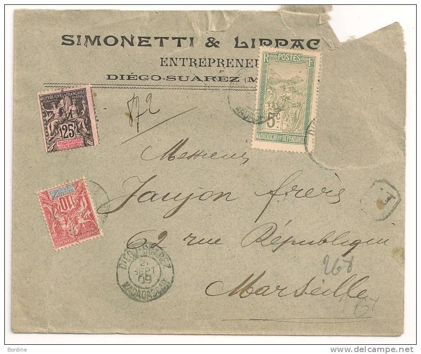 Lettre - MADAGASCAR - DIEGO-SUAREZ Càd S/TP N°35+43+97 Un TP Manquant - RECOMMANDEE 1909 - - Covers & Documents