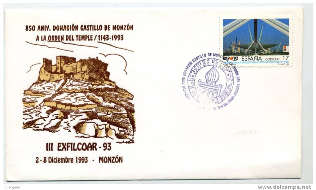 Espagne, Monzon, Château, Donation à L´ordre Du Temple, Exfilcoar, Jumelé Avec Muret, 31 - FDC