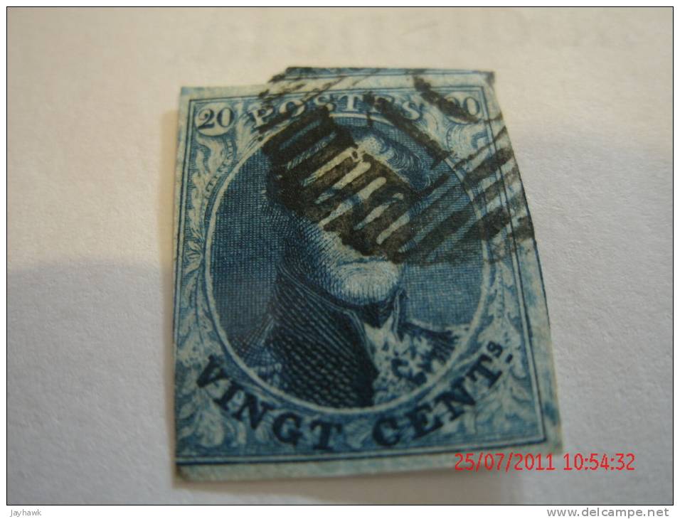 BELGIUM, SCOTT# 4, 20cents BLUE, USED - 1849-1865 Medaillen (Sonstige)