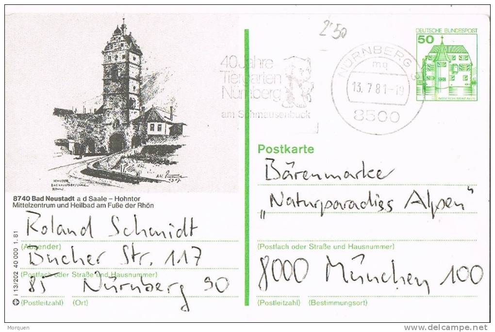 2616. Entero Postal NURNBERG (Alemania) 1981.  40 J. Tiergarten. Osos - Bildpostkarten - Gebraucht