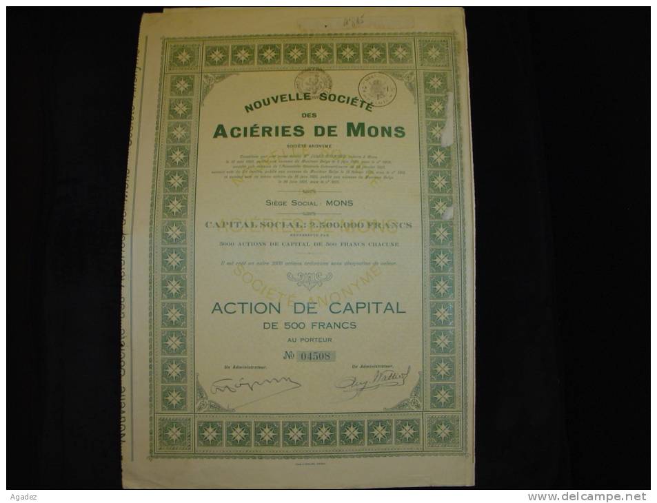 Action De Capital " Société Des Aciéries De Mons " 1923 Bon état,avec Tous Les Coupons - Industrie