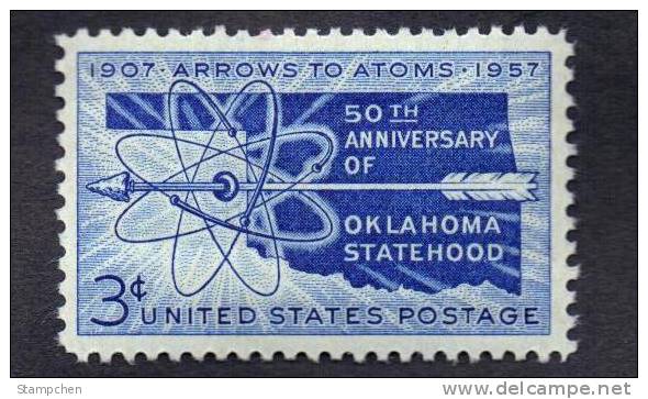 1957 USA Oklahoma Statehood 50th Anniv. Stamp Sc#1092 Map Arrow Atom Archery - Atomo