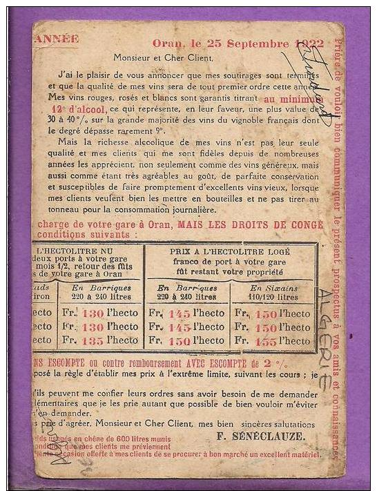 ALGERIE  - Mendiant Indigène - Oran- Prospectus Du Domaine St Eugène - SENECLAUSE - Viticulteur - Autres & Non Classés