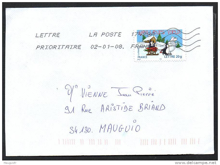 DF / FRANCE SUR LETTRE / AUTOADHESIF 67 / MEILLEURS VOEUX / OURS BLANC ET MANCHOTS / LUGE - Lettres & Documents