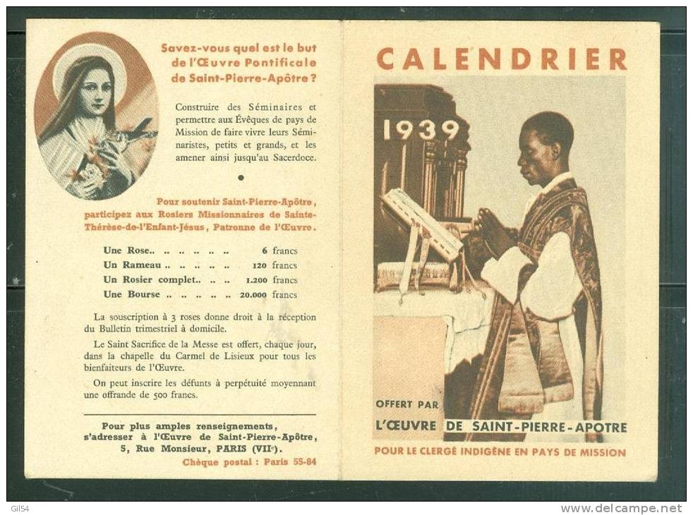 Calendrier Petit Fortmat De 1939 , L'oeuvre De Saint Pierre Apotre Pour Le Clergé Indigène   - Ae97 - Petit Format : 1921-40