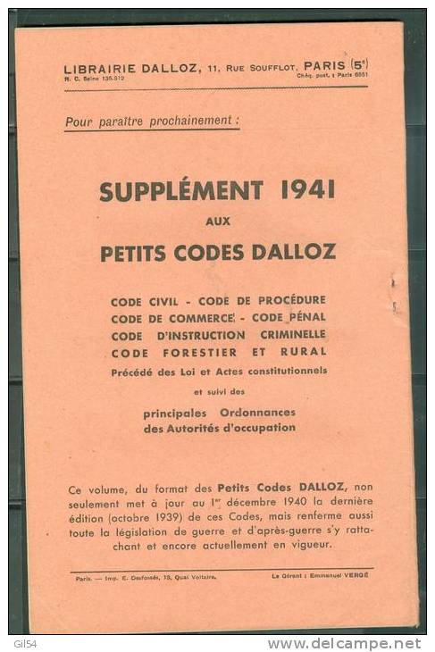 Année  Novembre 1940  - Le Bulletin Legislatif Dalloz  N°22   _ Poli04 - Politique