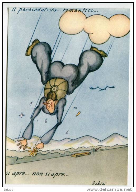 CARTOLINA FORMATO GRANDE PARACADUTISMO HUMOR AVIAZIONE ILLUSTRATORE BABINI ANNO 1942 CARICATURALI UMORISTICHE - Paracadutismo