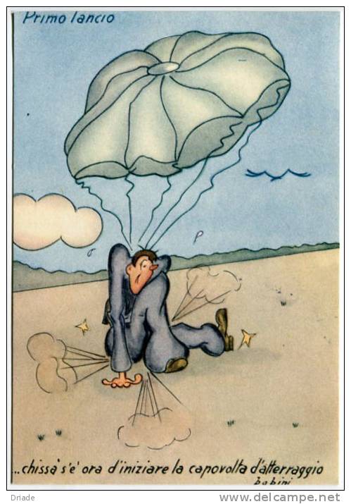 CARTOLINA FORMATO GRANDE PARACADUTISMO HUMOR AVIAZIONE ILLUSTRATORE BABINI ANNO 1942 CARICATURALI UMORISTICHE - Parachutting