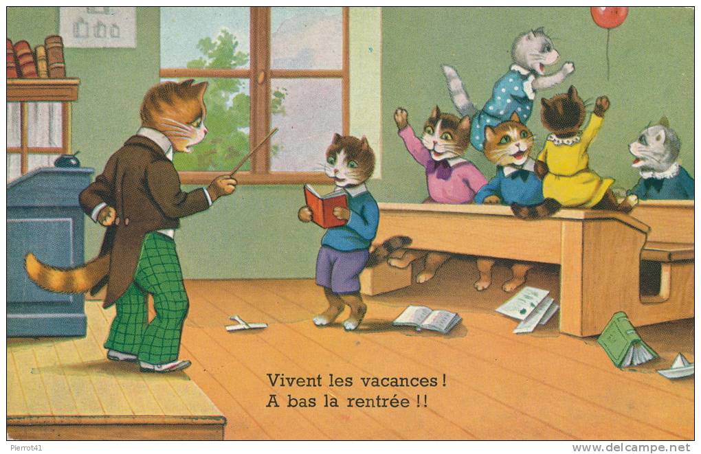 CHATS - Jolie Carte Fantaisie Chats Humanisés "Vivent Les Vacances!! A Bas La Rentrée!!" - Chats