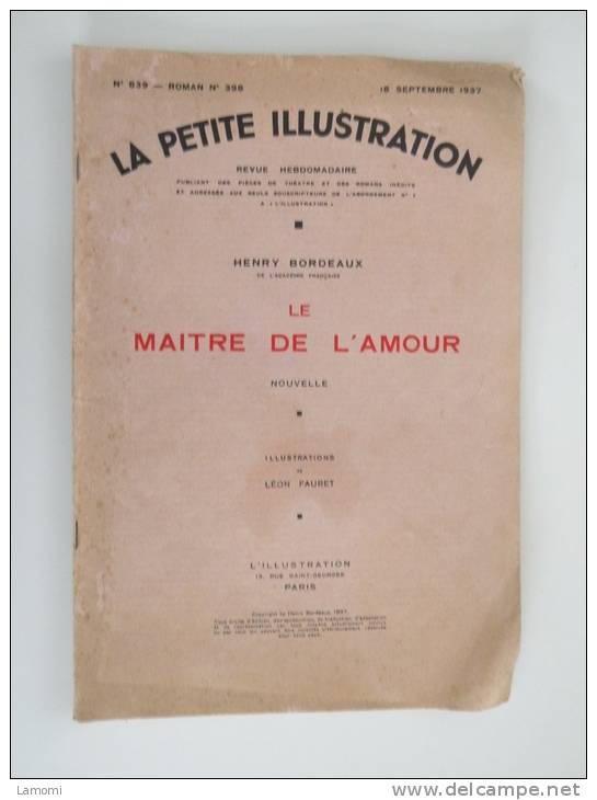 Roman, Le Maitre De L'Amour, Henry Bordeaux 1937 La Petite Illustration Revue Hebdomadaire - Auteurs Classiques