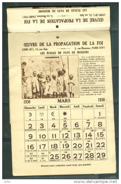 Année 1930  -  Calendrier De La Propagation De La Foi - Les Ecoles En Pays De Missions Poli08 - Petit Format : 1921-40