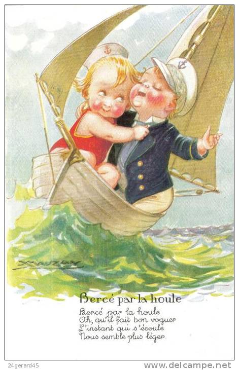 CPSM ILLUSTRATEUR MAUZAN ENFANTS BATEAU MER CHANSON - Bercé Par La Houle - Mauzan, L.A.