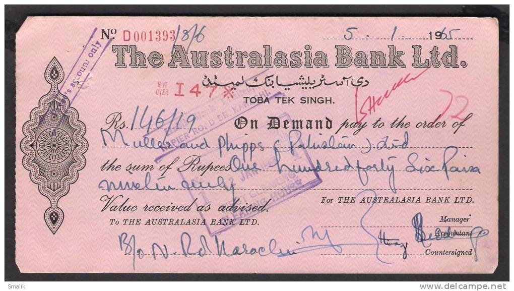 PAKISTAN Bank Cheque Australasia Bank Ltd. Toba Tek Singh Branch 5-1-1965 - Bank & Insurance