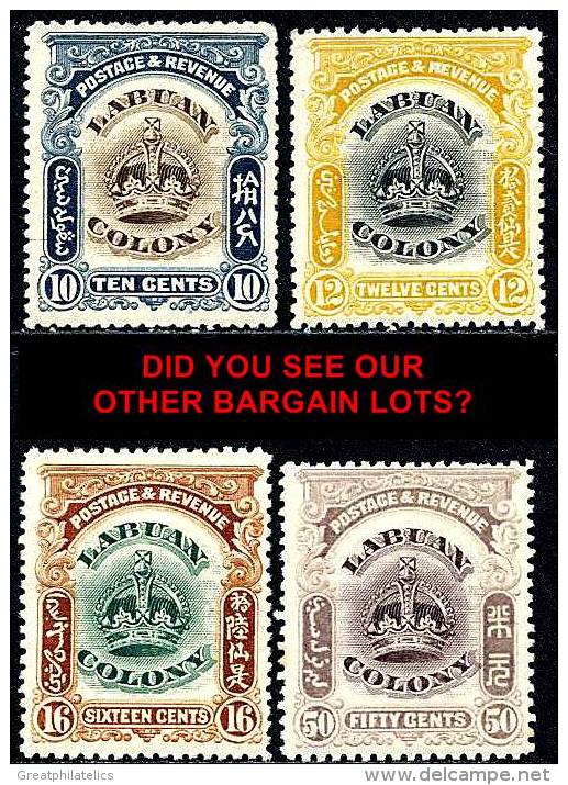 LABUAN 1902-3 CROWN ISSUE SC# 103-105,108 VF FRESH OG MLH CV$33 (DEL014Y) - Noord Borneo (...-1963)