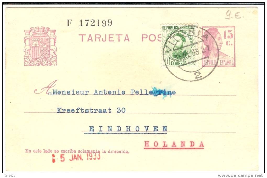 REF LIT10 - ESPAGNE - EP CP "II REPUBLICA" 15c AVEC COMPL.T VOYAGE DE VITORIA A EINDHOVEN 3/1/1933 - 1931-....