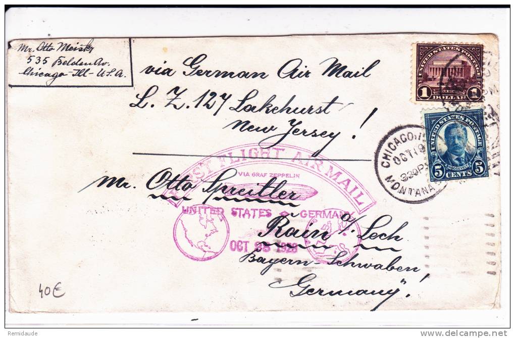 1928 - LETTRE Par ZEPPELIN LZ 127 De CHICAGO (USA) Pour RAIN (GERMANY) - VIGNETTE AU DOS - Zeppelins