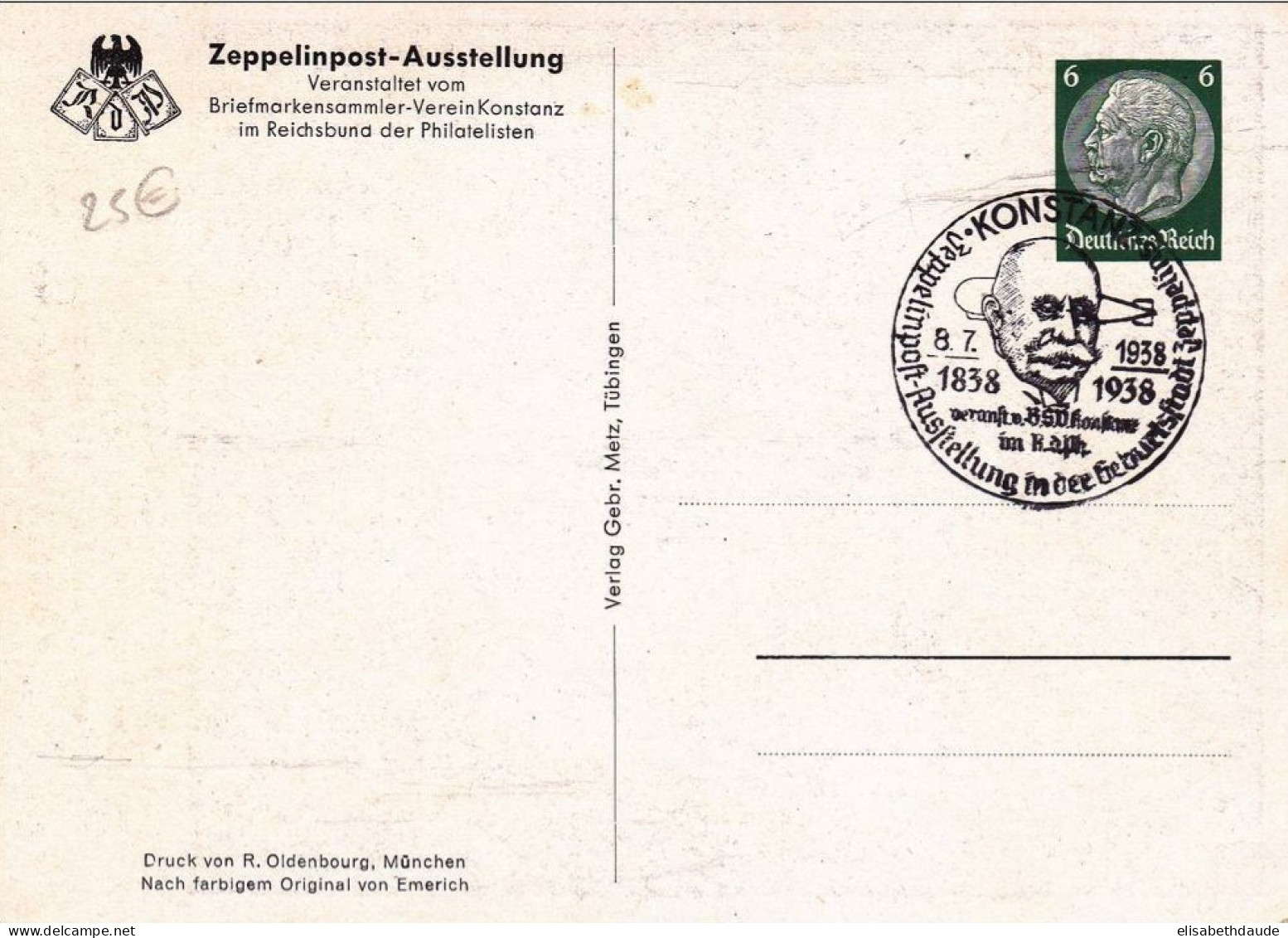 1938 - ALLEMAGNE - EXPOSITION "GRAF ZEPPELIN" - CARTE POSTALE ENTIER De KONSTANZ - Luchtpost & Zeppelin
