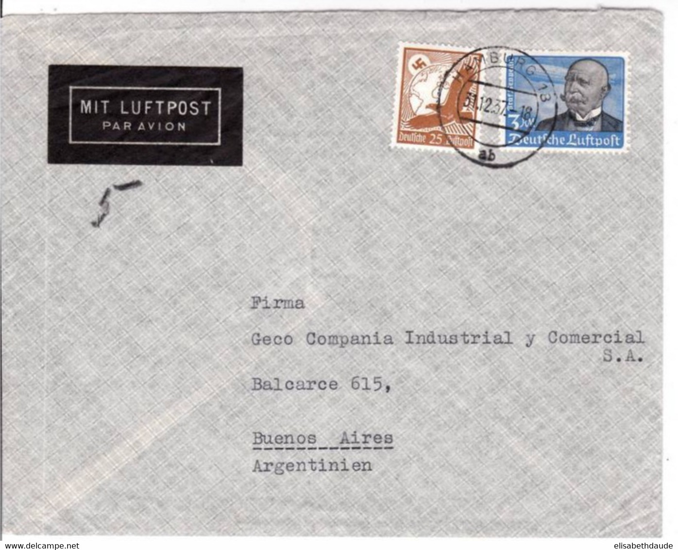 1937 - TIMBRE ZEPPELIN YVERT N°PA 53 (COTE = 60 EUROS) Sur ENVELOPPE Par AVION De HAMBURG Pour BUENOS AIRES (ARGENTINE) - Poste Aérienne & Zeppelin