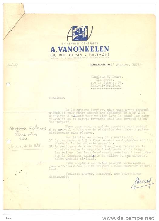 TIENEN - TIRLEMONT -  Facture - Entreprises A. Vanonkelen 1951 - Autres & Non Classés