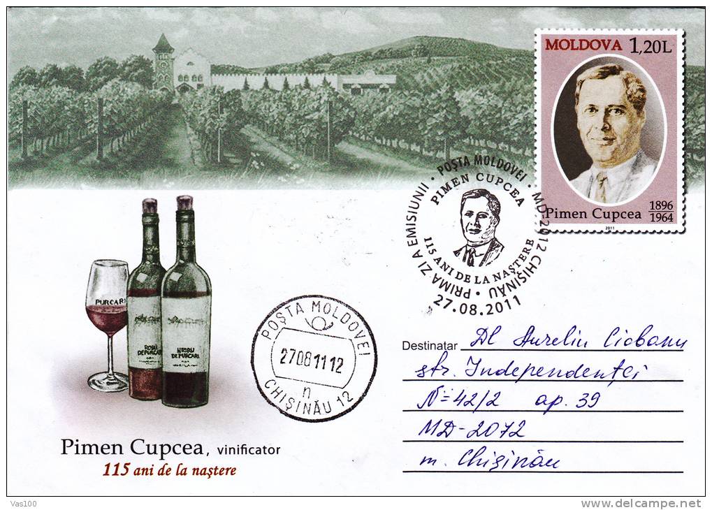 VITICULTURE ,Wine,Vins,Grape 2011 Cover Stationery Oblit. FDC,premier Jour,MAILOED, Moldova / Moldavie. - Wines & Alcohols