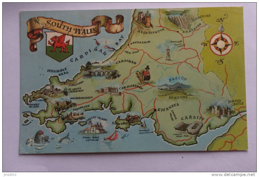 South Wales - Pays De Galles - Format 9x14 - Blason Griffon - Dauphin - Carte Géographique - Autres & Non Classés